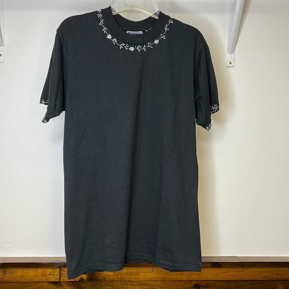 Hand Embroidered Floral Black Cotton T-Shirt- M